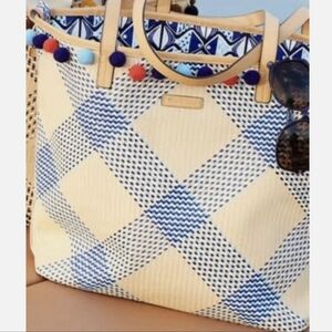Vera Bradley Woven Neutral Straw Beach Tote with Pom Poms